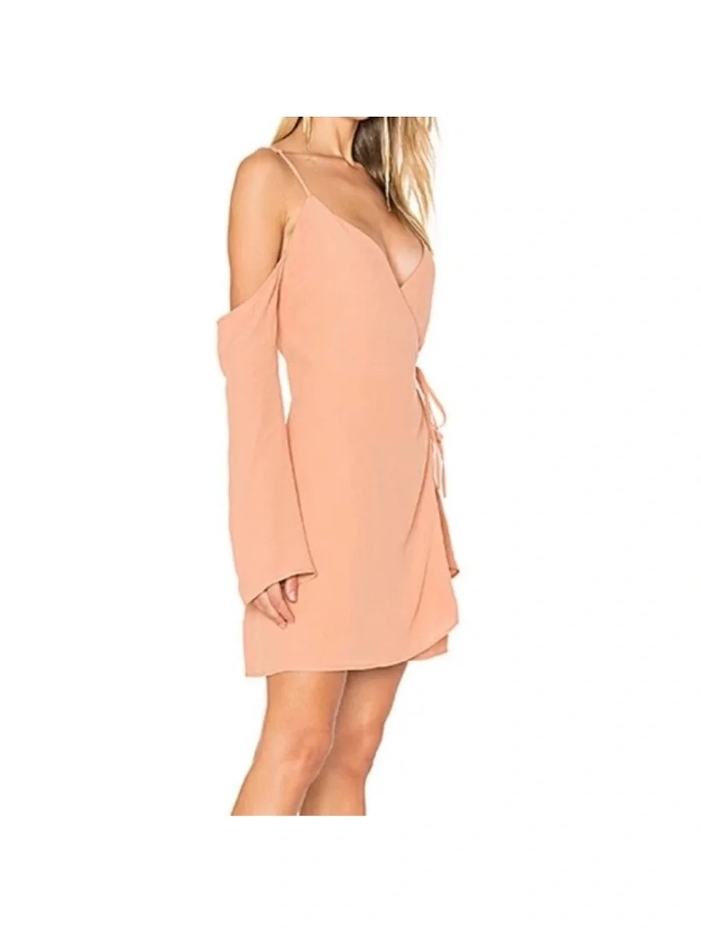 Lovers + Friends Peach Cold-Shoulder Wrap Mini Dress - Picture 3 of 12
